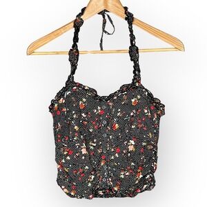 Free People Ditsy Floral Ruffle Trim Babydoll Halter Top Size M Festival Smocked